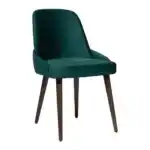 Green dining chair with micro velvet fabric and walnut legs front angle view