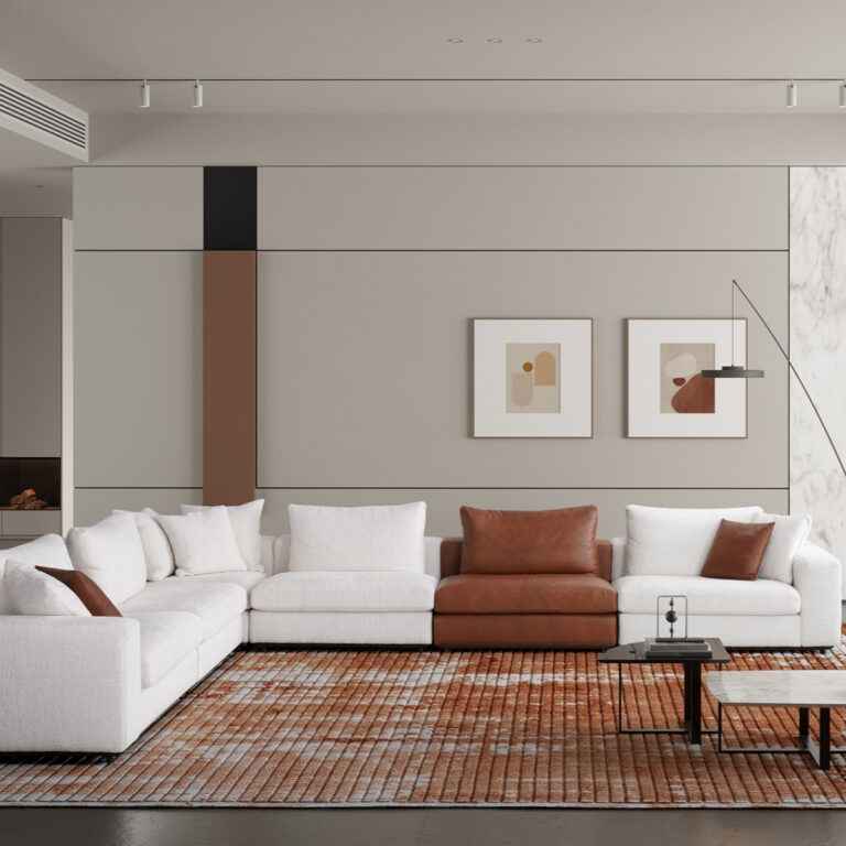 Mondial Sectional Sofa in a modern living room with customizable fabric and leather options.