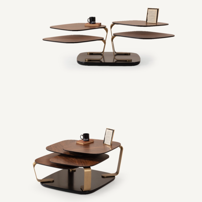 Bentley Swivel Coffee Table with walnut tops, brush gold legs, and black base.
