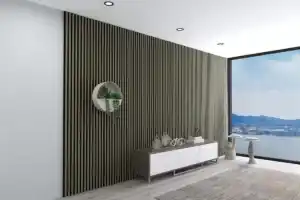A luxurious living room featuring modern wood wall panels with black stripes next to a large glass window.