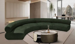 Large modern green curved sectional sofa in a luxury Tampa home featuring performance chenille fabric.