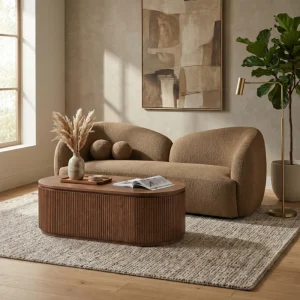 Modern brown sofa in espresso micro-velvet with a fluted wooden coffee table in a warm living room setting.