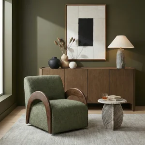 Modern green accent chair with sculptural wooden arms and textured upholstery for a designer interior.