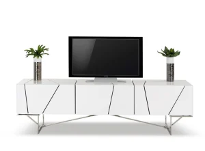 Modern white high-gloss TV stand with a geometric architectural design and metallic legs.