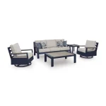 Complete Sile navy blue outdoor furniture collection with sofa, loveseat, swivel chairs, coffee table, and end table on white background