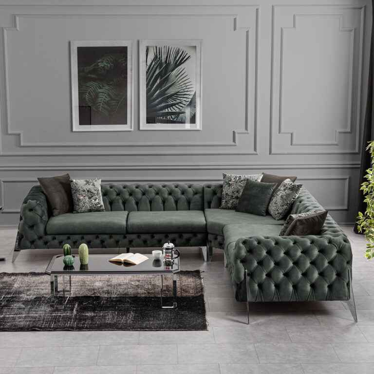 Green Nirvana Sectional Sofa with customizable fabric and color options, set in a modern living room with decorative wall art and a sleek coffee table.
