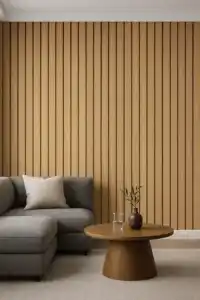 Oak PVC fluted wall panel with warm beige background and reddish-brown wood veins, installed in modern living room.