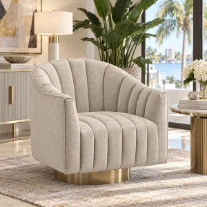 Pelin beige swivel chair with pearl-look velvet and gold metal base in a Modern Tampa House
