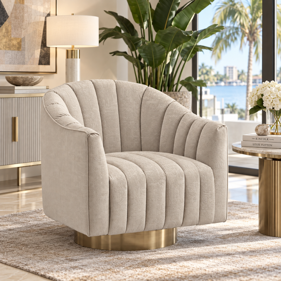 Pelin beige swivel chair with pearl-look velvet and gold metal base in a Modern Tampa House