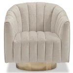 Pelin beige swivel chair with pearl-look velvet and gold metal base front view.