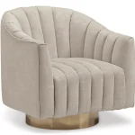 Pelin beige swivel chair with pearl-look velvet and gold metal base cross view.