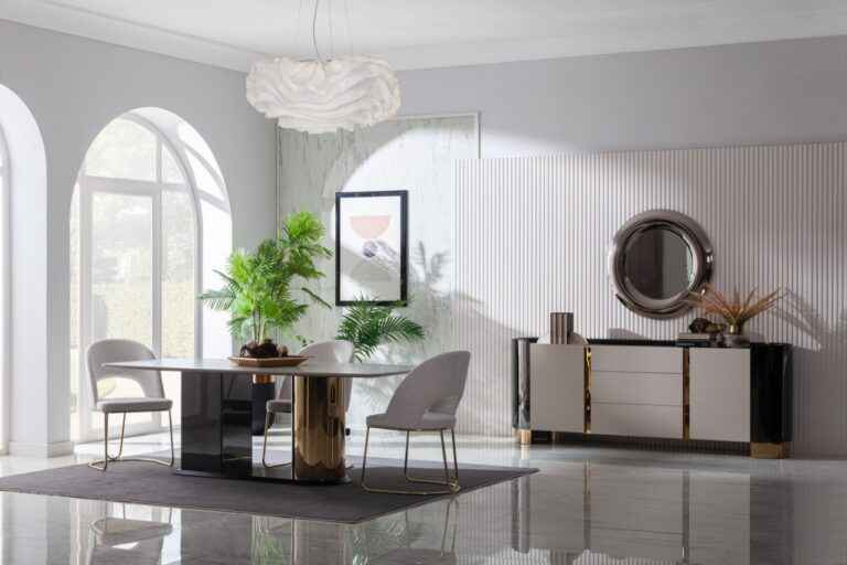 Octo Dining Room, Dining Table, Dining Chair, Sideboard, modern dining table, modern dining chair, modern sideboard, mirror, tampa modern dining room, tampa modern furniture, tampa modern dining table, tampa modern dining chair, tampa luxury furniture, gold dining table