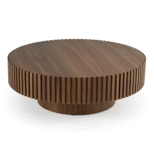 Modern fluted wood round coffee table with walnut finish for living room interior design.