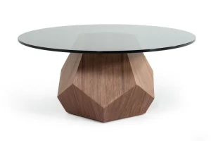 Modrest Rackham mid-century modern round coffee table with smoked glass top and geometric walnut veneer base.