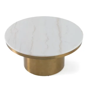 Rocky modern glam round coffee table with white marble stone top and polished gold stainless steel base.