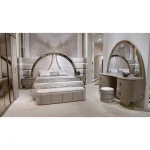 Royal queen bedroom set with vanity, arched mirror and upholstered bench