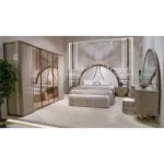 Complete beige and gold bedroom set with queen bed, wardrobe, vanity and bench