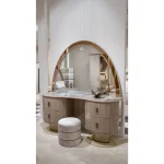 Royal luxury beige vanity with large arched mirror and round stool