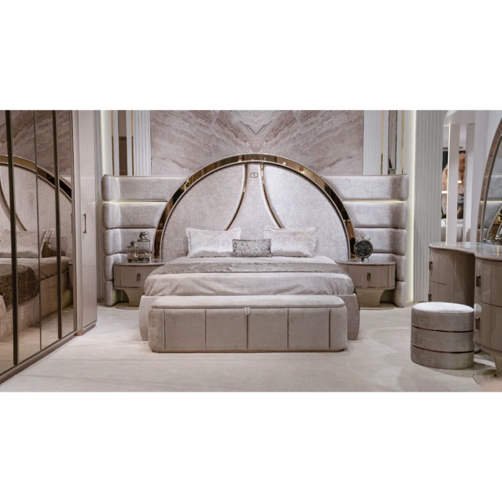 Royal modern luxury bedroom set with queen LED bed, nightstands, vanity and bench