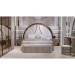 Royal modern luxury bedroom set with queen LED bed, nightstands, vanity and bench