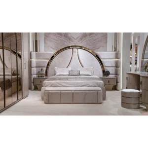 Royal modern luxury bedroom set with queen LED bed, nightstands, vanity and bench