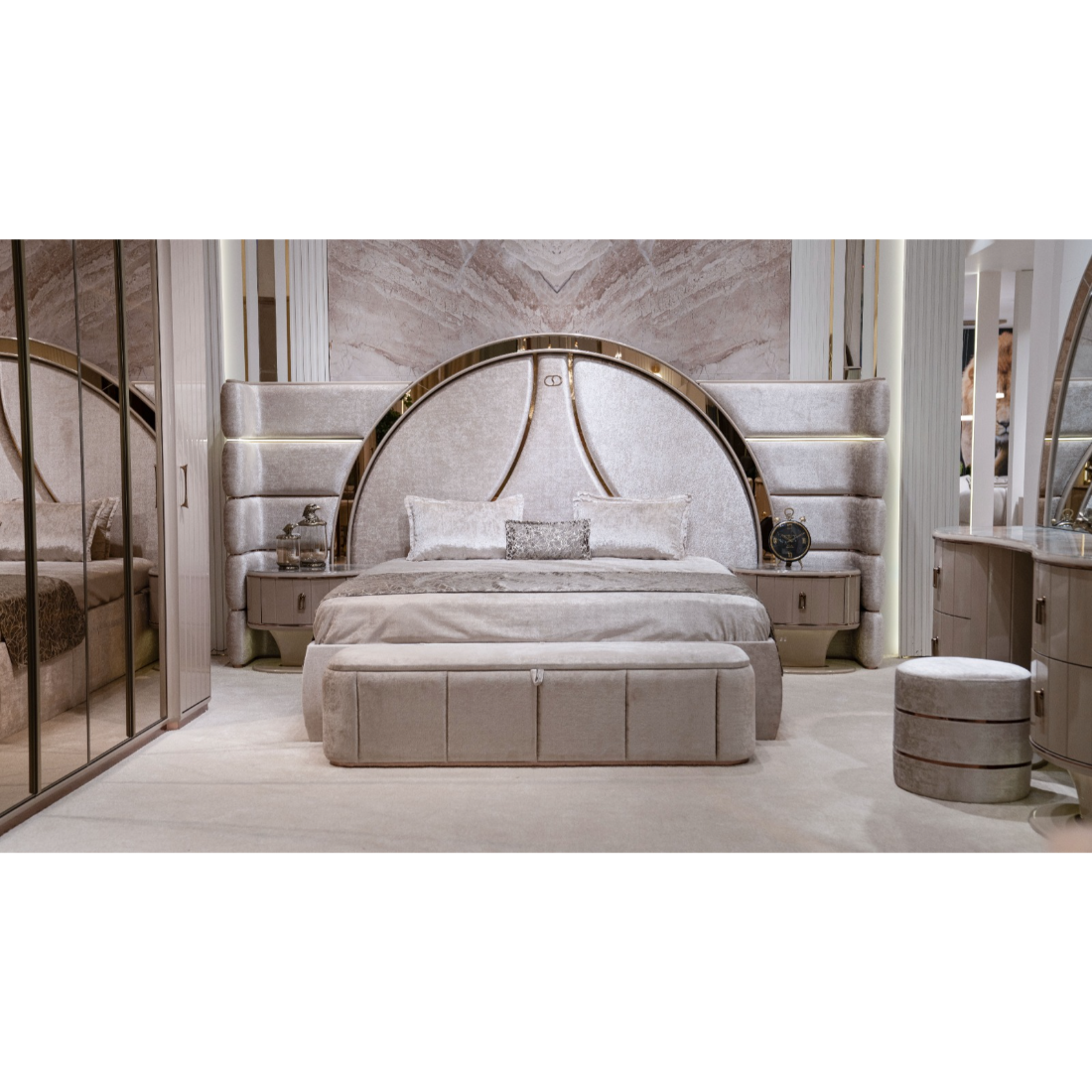 Royal modern luxury bedroom set with queen LED bed, nightstands, vanity and bench