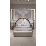 Front view of Royal queen LED bed with beige upholstered bedroom bench