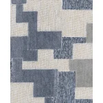 Close-up detail of Sile outdoor sofa decorative throw pillow showing geometric block pattern in navy blue, gray, and cream Nuvella performance fabric