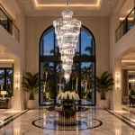 Silver large crystal chandelier installed in a two-story luxury Florida foyer