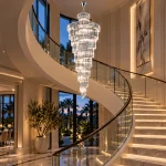 Silver staircase crystal chandelier beside a curved staircase in a luxury Florida home