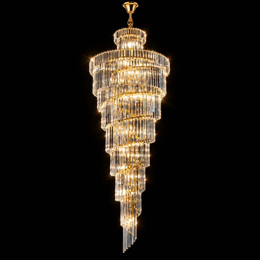 Spiral 11 Ft luxury crystal chandelier with gold frame and tiered K9 crystals