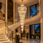 Spiral luxury crystal chandelier beside a curved staircase in a modern Florida home