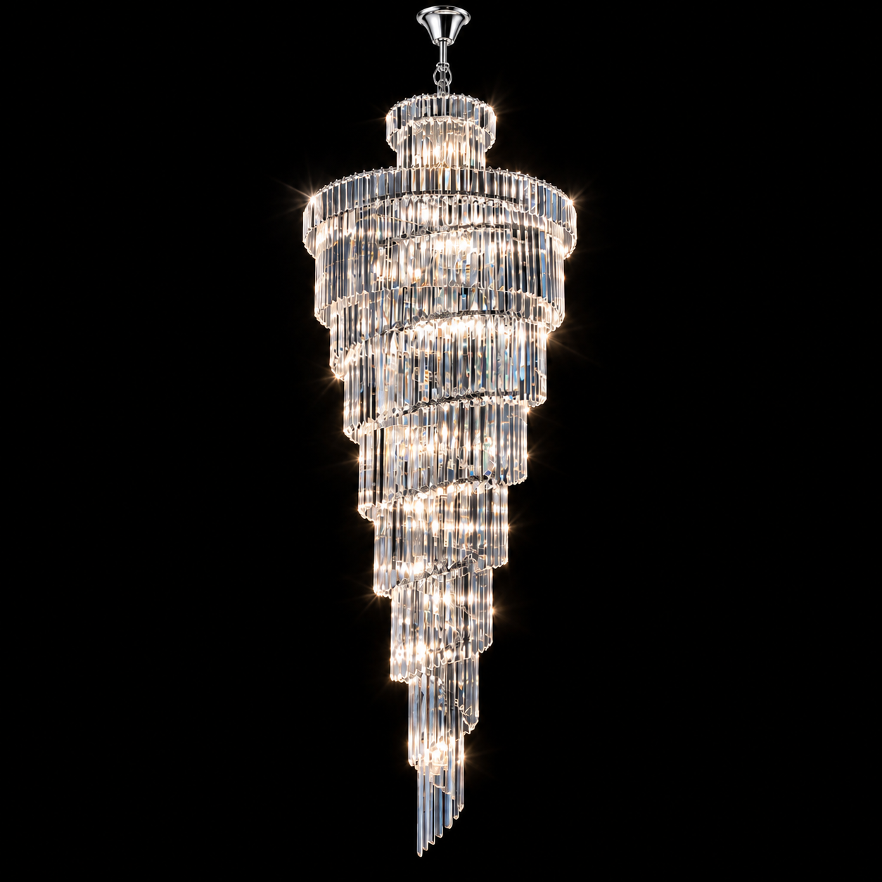 Spiral silver large crystal chandelier with tiered K9 crystals and stainless-steel frame