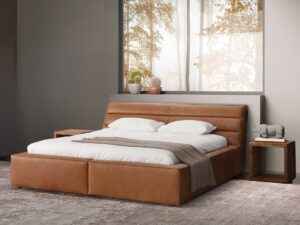 Modern Italian top grain leather bed with headboard in warm cognac brown – Tampa.