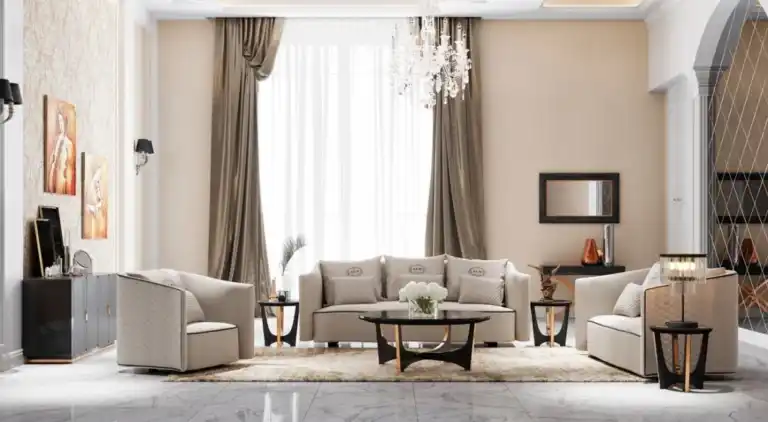Modern beige living room with light luxury interior design, featuring elegant furniture and soft neutral tones.