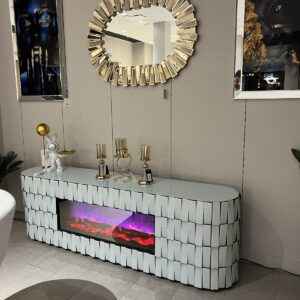 Unique white fireplace TV stand with customizable color options, featuring white glass, handcrafted in Turkey.