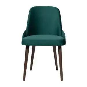 Green micro velvet dining chair with walnut wood legs front view