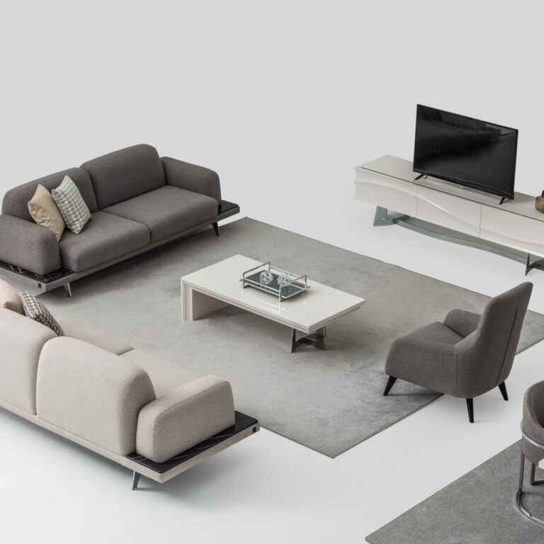 White rectangular modern coffee table with silver metal accents in a contemporary living room setting.
