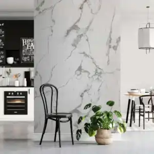 Modern living space with white marble look PVC wall panel on column and black chair