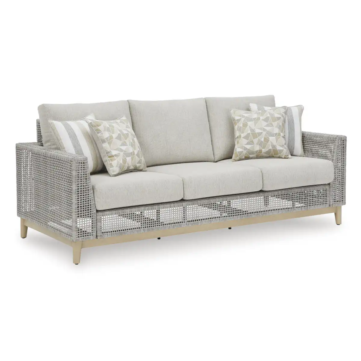 Angled front view of Yali gray outdoor sofa with gray resin wicker, light gray cushions, wood-look legs, and geometric throw pillows