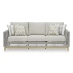 Front view of Yalı gray outdoor sofa with 3 seat cushions, geometric pillows, and wood-look painted legs on white background