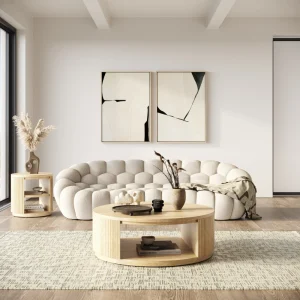 Modrest Jacobson acacia wood round coffee table with fluted sides and open storage shelf.